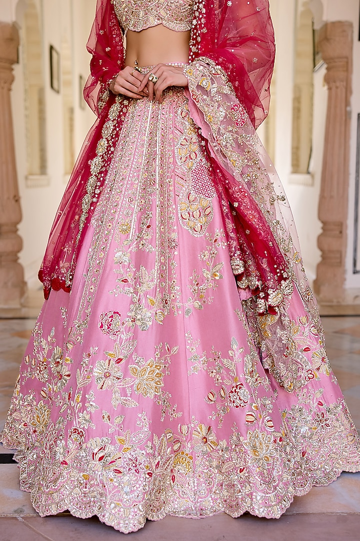 Rosaline Pink Mulberry Silk Zardosi Hand Embroidered Bridal Lehenga Set by OSAA By Adarsh at Pernia's Pop Up Shop