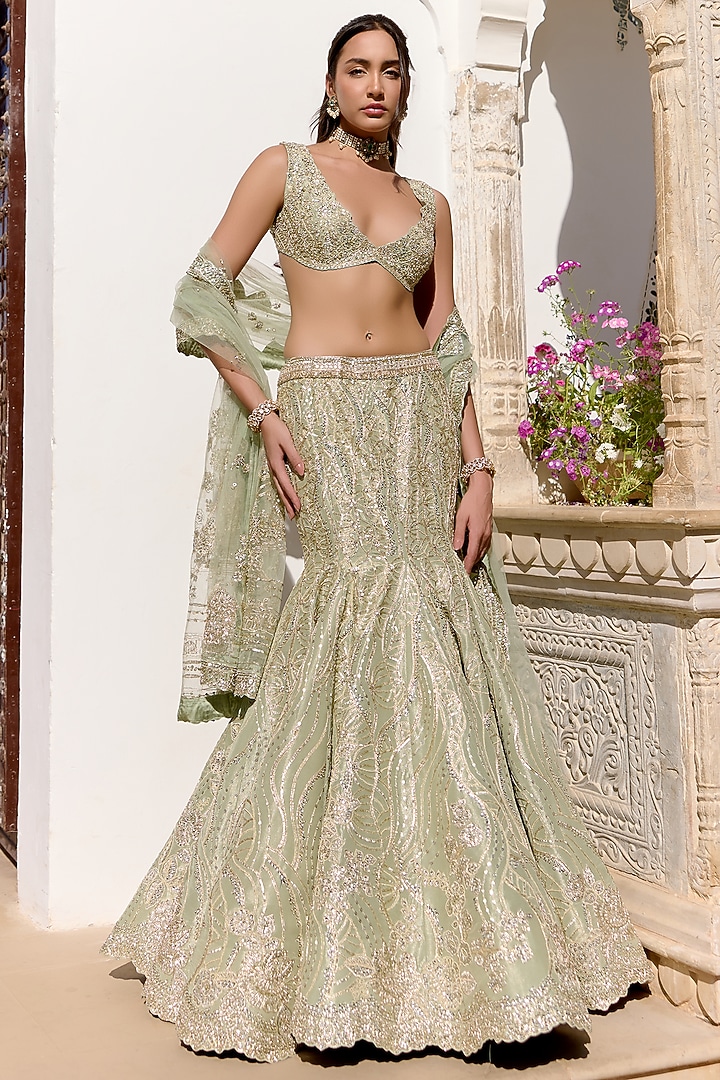 Sage Green Tissue Silk Zardosi Hand Embroidered Fish-Cut Bridal Lehenga Set by OSAA By Adarsh at Pernia's Pop Up Shop