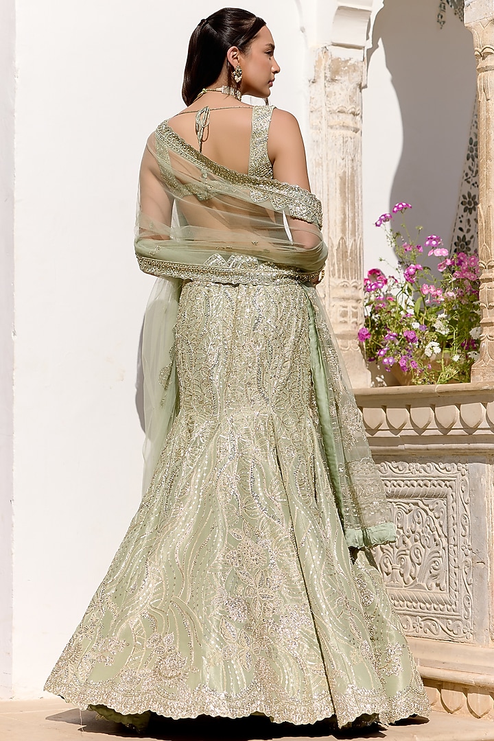 Sage Green Tissue Silk Zardosi Hand Embroidered Fish-Cut Bridal Lehenga Set by OSAA By Adarsh at Pernia's Pop Up Shop