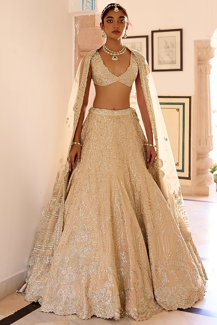 Frost Champagne Tissue Silk Zardosi Hand Embroidered Bridal Lehenga Set by OSAA By Adarsh at Pernia's Pop Up Shop