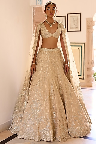 Frost Champagne Tissue Silk Zardosi Hand Embroidered Lehenga Set by OSAA By Adarsh