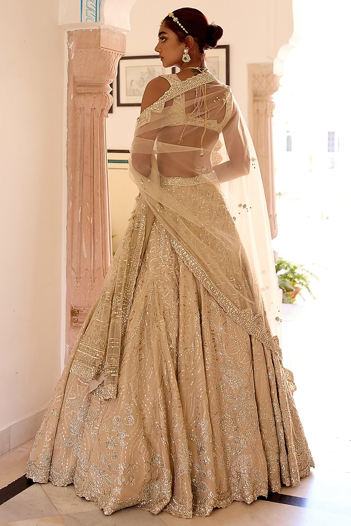 Frost Champagne Tissue Silk Zardosi Hand Embroidered Bridal Lehenga Set by OSAA By Adarsh at Pernia's Pop Up Shop