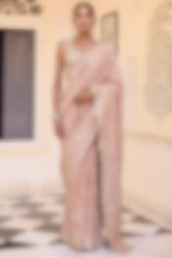 Caramel Taupe Tissue Silk Zardosi Hand Embroidered Reception Saree Set by OSAA By Adarsh at Pernia's Pop Up Shop