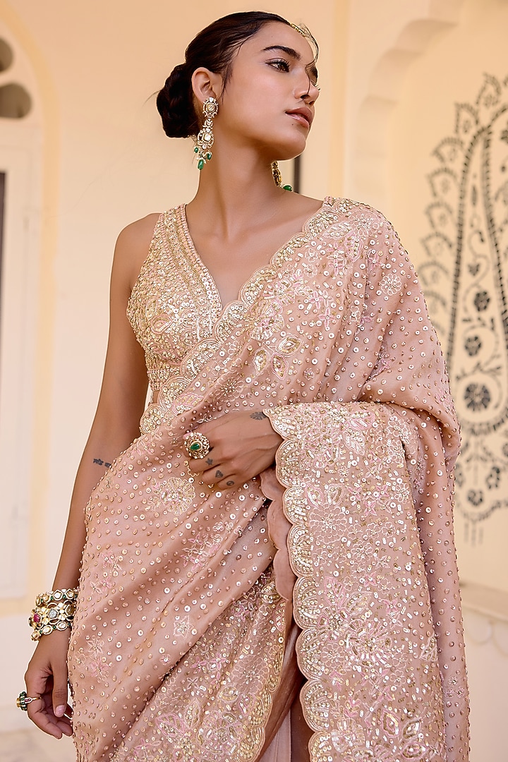 Caramel Taupe Tissue Silk Zardosi Hand Embroidered Reception Saree Set by OSAA By Adarsh at Pernia's Pop Up Shop