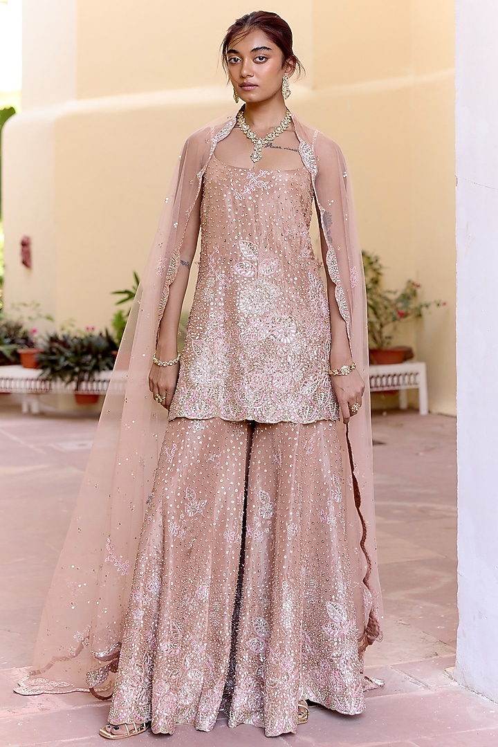 Caramel Taupe Tissue Silk Embroidered Bridal Sharara Set by OSAA By Adarsh at Pernia's Pop Up Shop