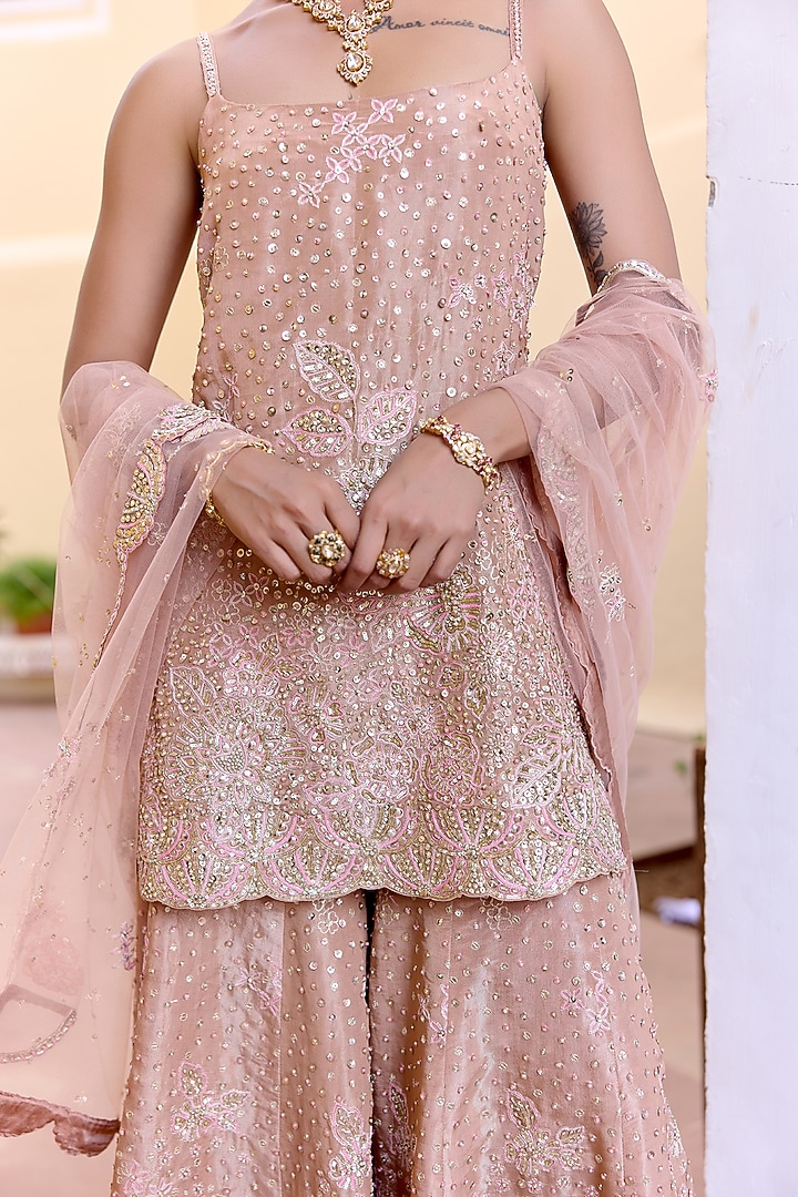 Caramel Taupe Tissue Silk Embroidered Bridal Sharara Set by OSAA By Adarsh at Pernia's Pop Up Shop