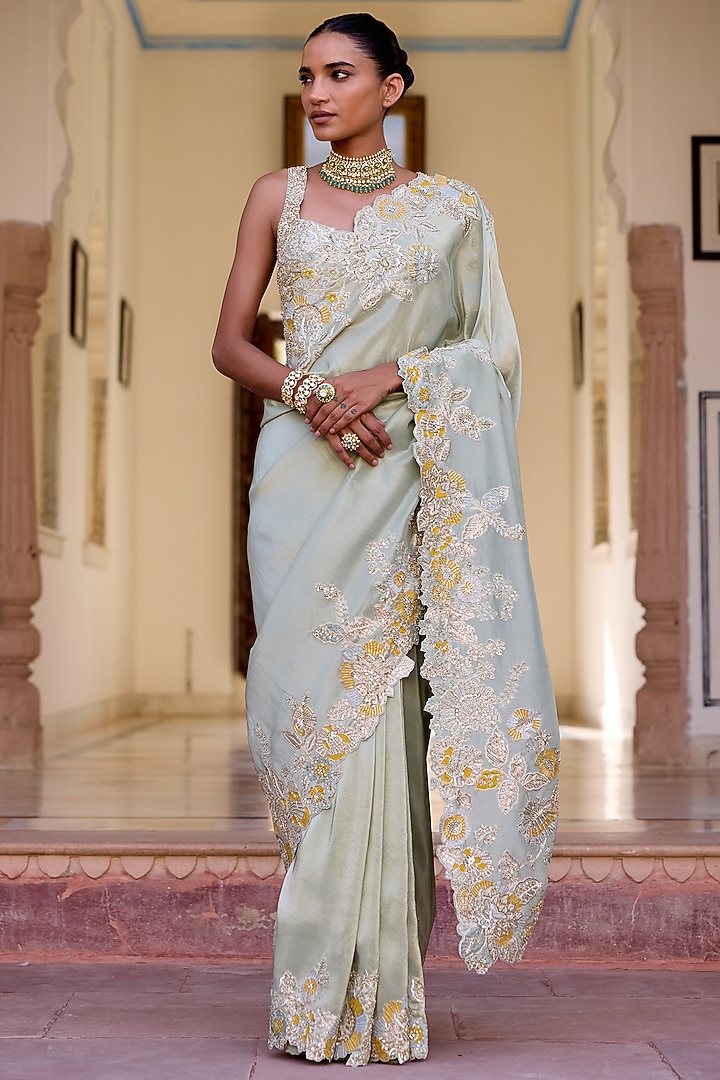 Sage Green Tissue Silk Zardosi Hand Embroidered Reception Saree Set by OSAA By Adarsh at Pernia's Pop Up Shop
