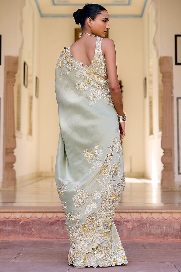 Sage Green Tissue Silk Zardosi Hand Embroidered Reception Saree Set by OSAA By Adarsh at Pernia's Pop Up Shop