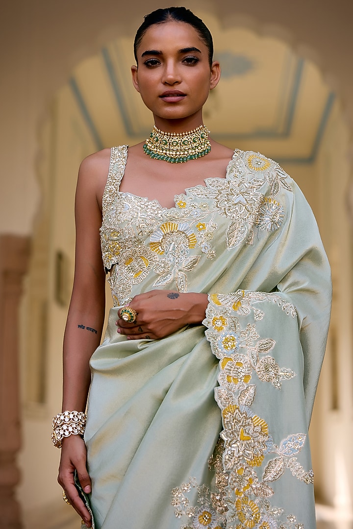 Sage Green Tissue Silk Zardosi Hand Embroidered Reception Saree Set by OSAA By Adarsh at Pernia's Pop Up Shop