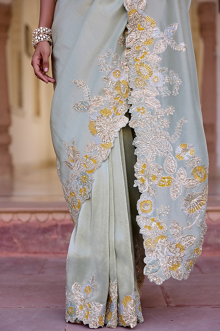 Sage Green Tissue Silk Zardosi Hand Embroidered Reception Saree Set by OSAA By Adarsh at Pernia's Pop Up Shop