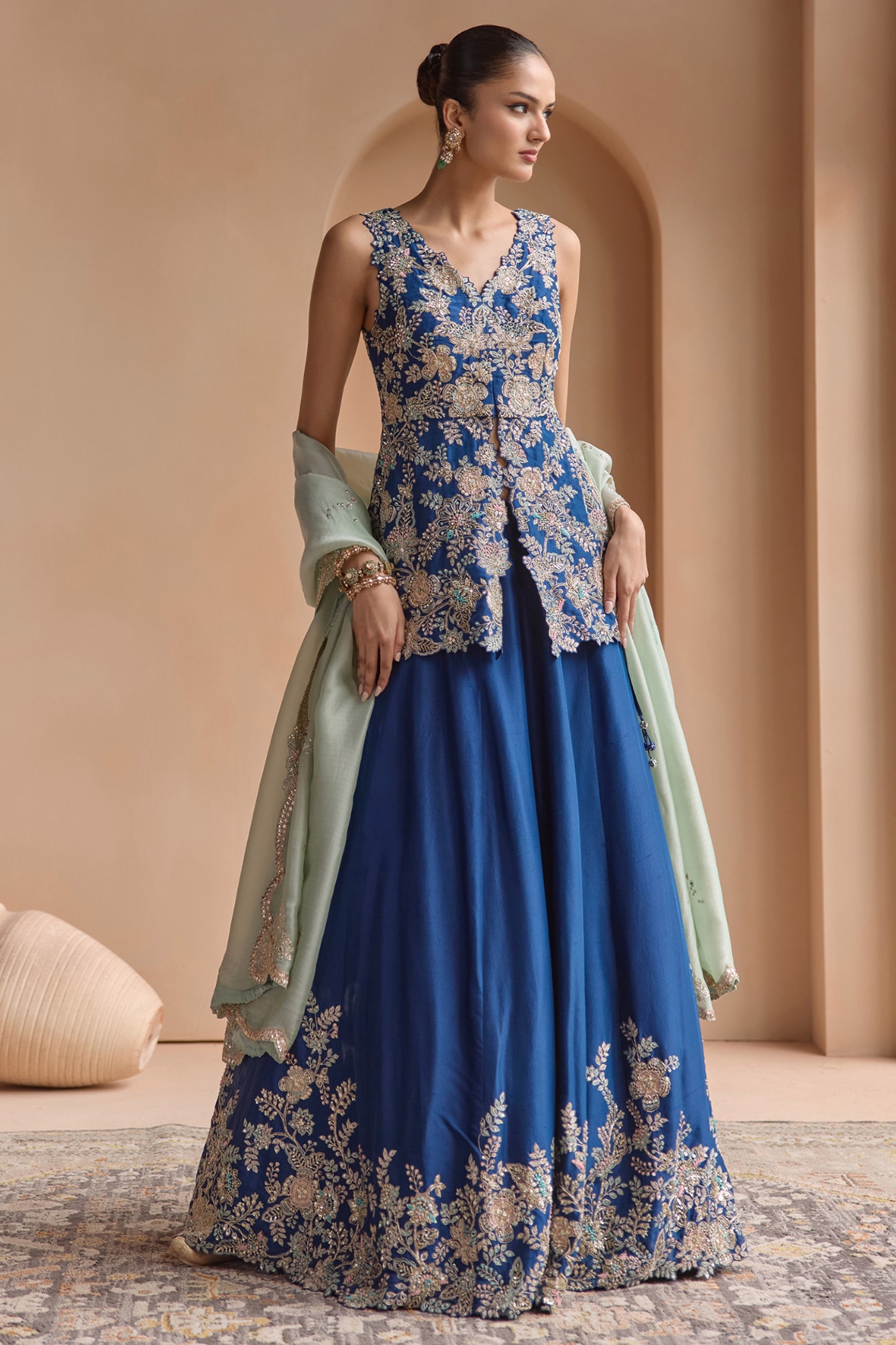 OSAA By Adarsh French Navy Mulberry Silk Zardosi Embroidered Lehenga Set