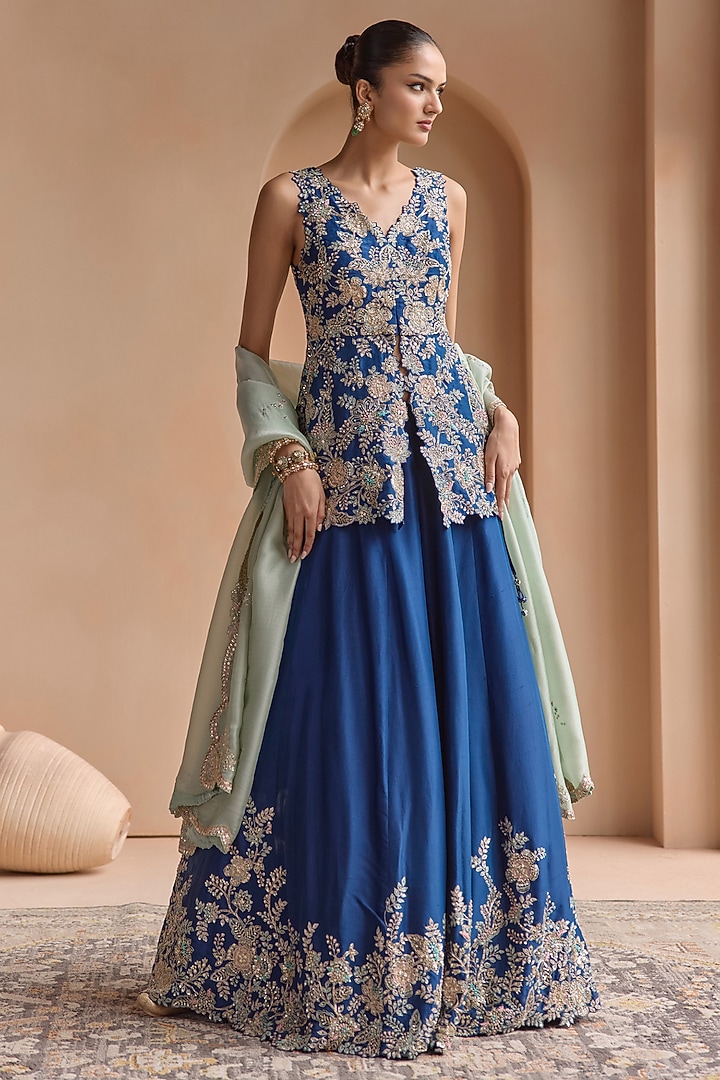 French Navy Mulberry Silk Zardosi Embroidered Bridal Lehenga Set by OSAA By Adarsh at Pernia's Pop Up Shop
