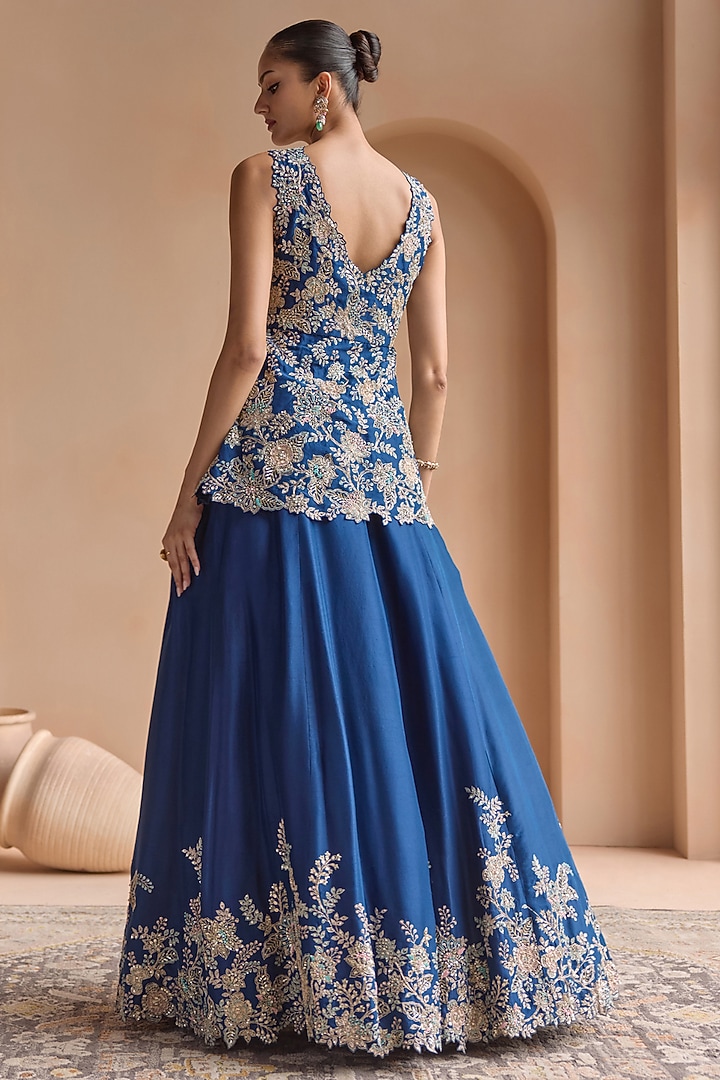 French Navy Mulberry Silk Zardosi Embroidered Bridal Lehenga Set by OSAA By Adarsh at Pernia's Pop Up Shop