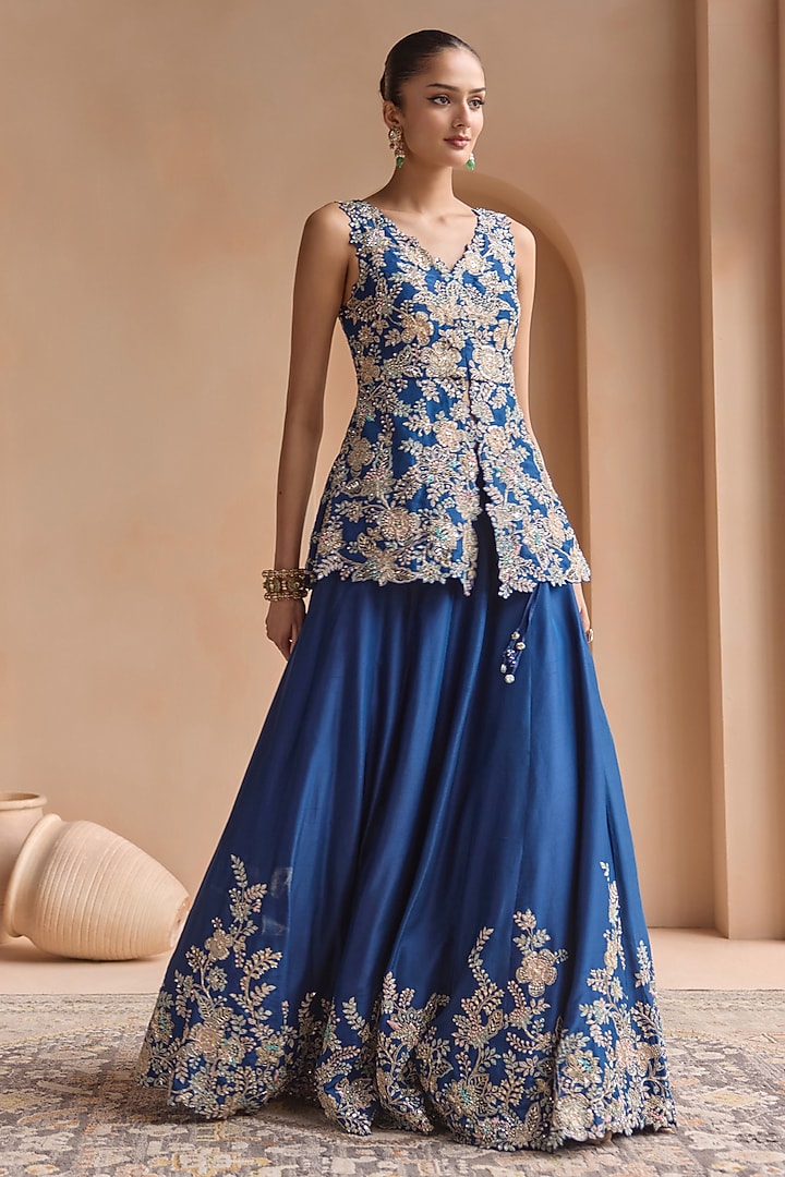 French Navy Mulberry Silk Zardosi Embroidered Bridal Lehenga Set by OSAA By Adarsh at Pernia's Pop Up Shop