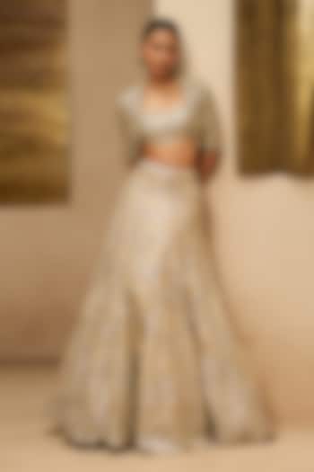 Beige Champagne Tissue Silk Zardosi Embroidered Jacket Bridal Lehenga Set by Osaa By Adarsh at Pernia's Pop Up Shop