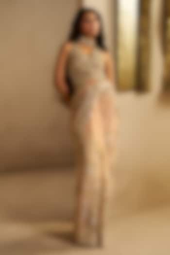 Beige Champagne Tulle Zardosi Embroidered Bridal Saree Set by Osaa By Adarsh at Pernia's Pop Up Shop