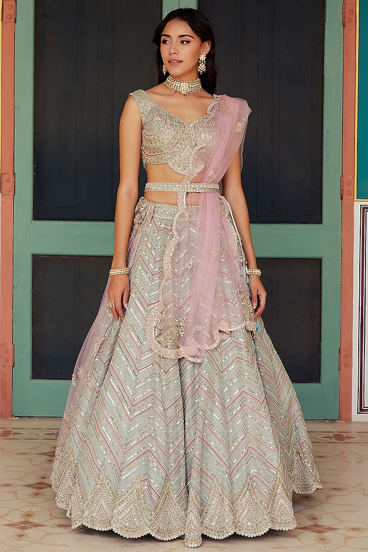 Grey Hand Embroidered Lehenga Set by OSAA By Adarsh