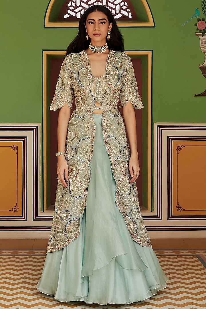 Teal Hand Embroidered Jacket Set by OSAA By Adarsh