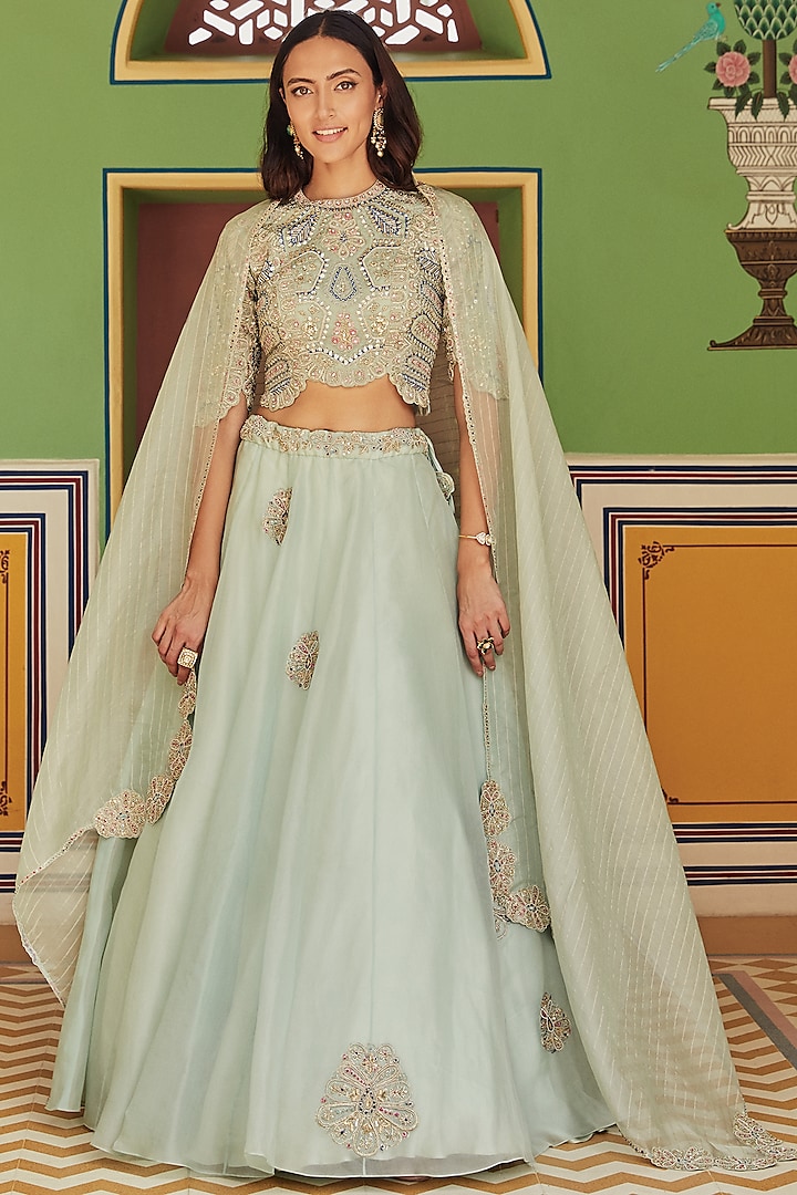 Teal Organza Hand Embroidered Lehenga Set by OSAA By Adarsh