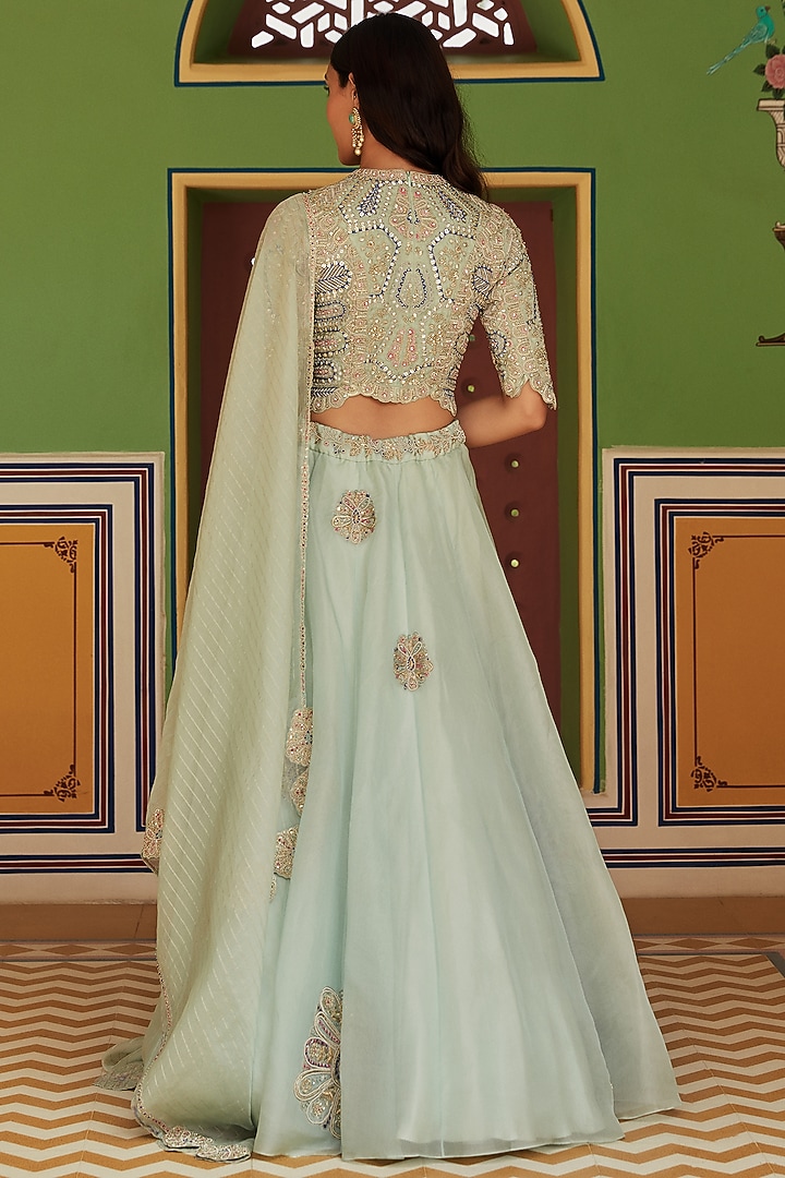 Teal Organza Hand Embroidered Wedding Lehenga Set by OSAA By Adarsh at Pernia's Pop Up Shop