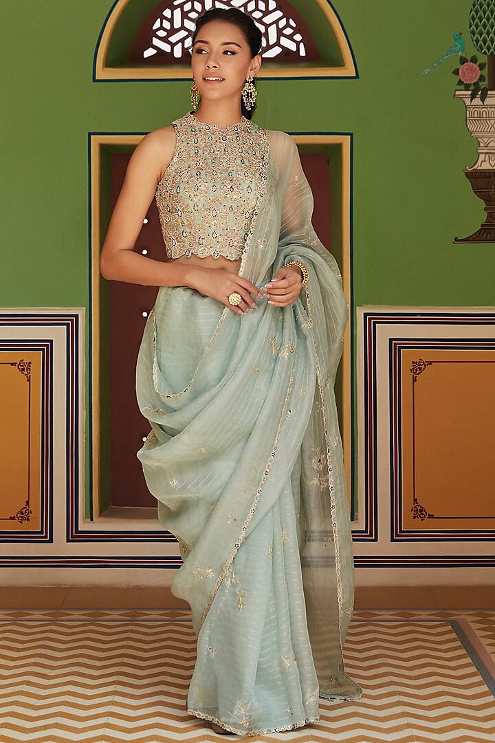 Teal Hand Embroidered Saree Set by OSAA By Adarsh