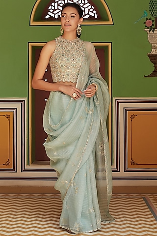 Teal Hand Embroidered Saree Set by OSAA By Adarsh