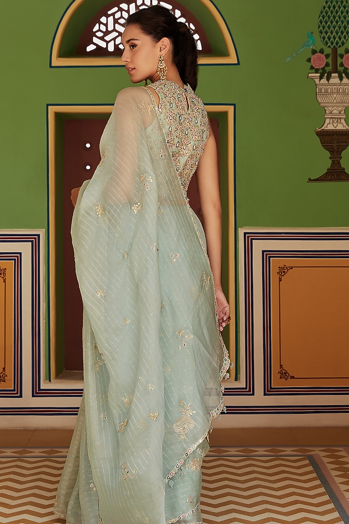 Teal Hand Embroidered Wedding Saree Set by OSAA By Adarsh at Pernia's Pop Up Shop