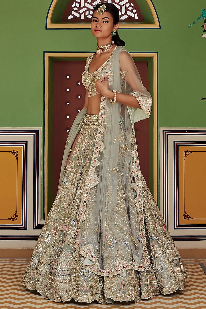 Grey Tissue Organza Hand Embroidered Lehenga Set  by OSAA By Adarsh