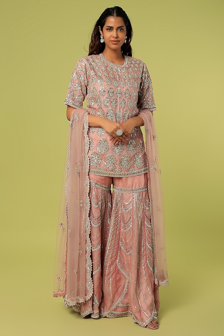 Soft Berry Organza Embroidered  Sharara Set by Osaa By Adarsh