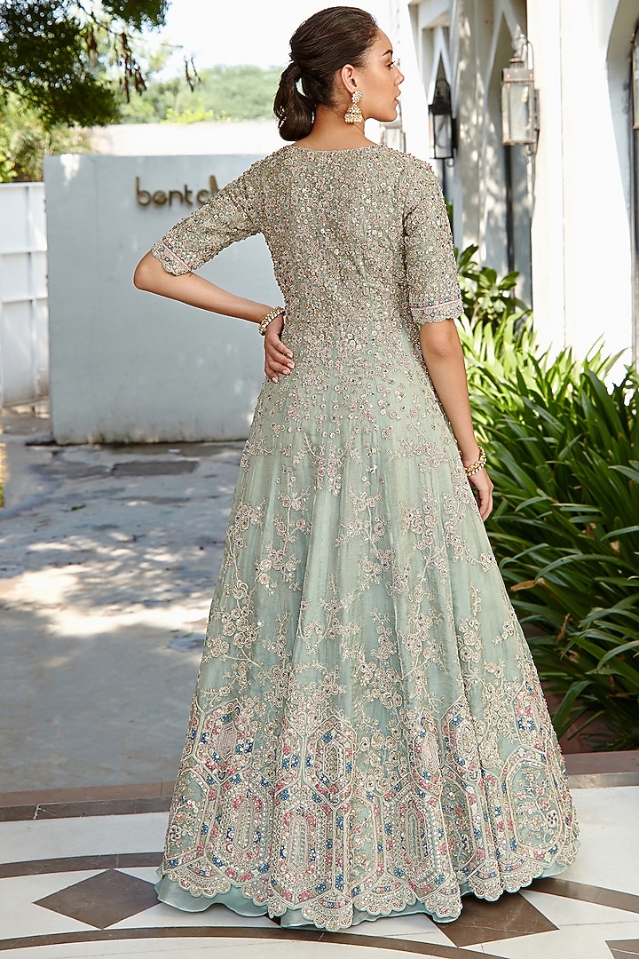 Teal Tissue Hand Embroidered Bridal Gown by OSAA By Adarsh at Pernia's Pop Up Shop
