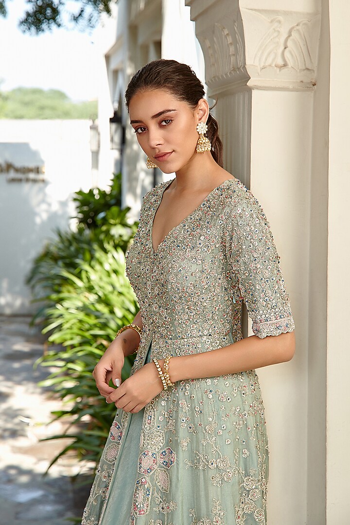Teal Tissue Hand Embroidered Bridal Gown by OSAA By Adarsh at Pernia's Pop Up Shop