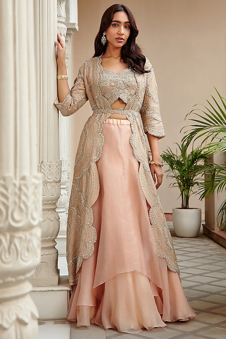 Sepia Rose Hand Embroidered Jacket Set by OSAA By Adarsh at Pernia's Pop Up Shop
