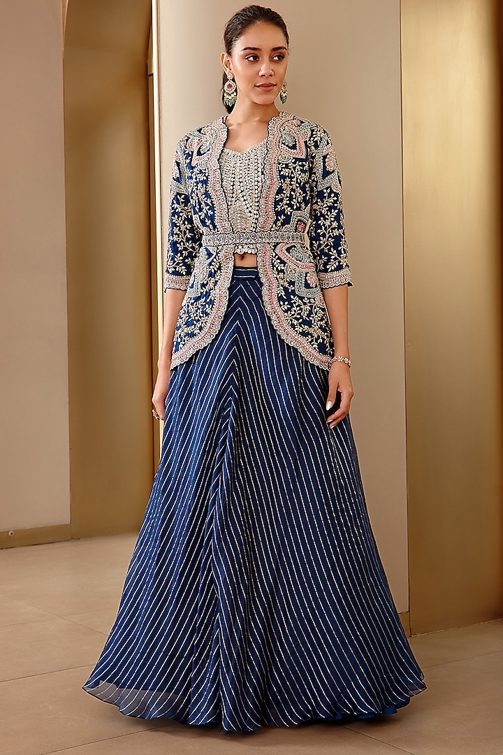 Midnight Blue Hand Embroidered Jacket Set by OSAA By Adarsh