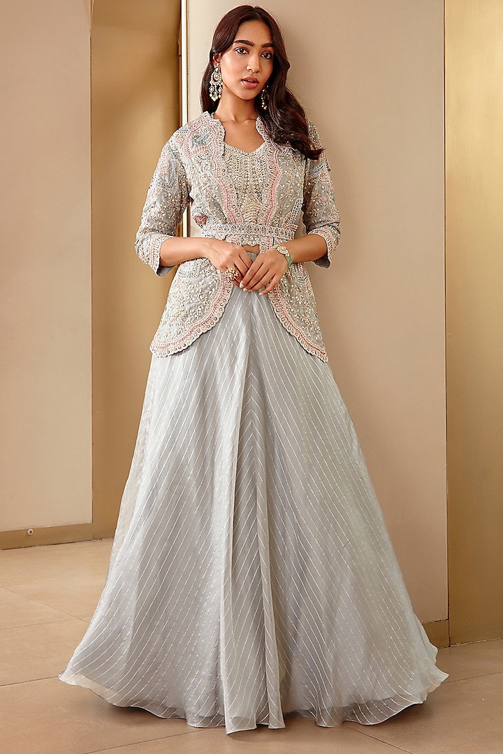 Grey Hand Embroidered Jacket Set by OSAA By Adarsh