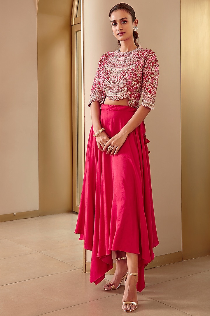 Cherry Red Mulberry Silk Skirt Set by OSAA By Adarsh