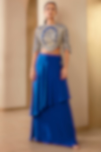 Jade Blue Mulberry Silk Layered Skirt Set by OSAA By Adarsh