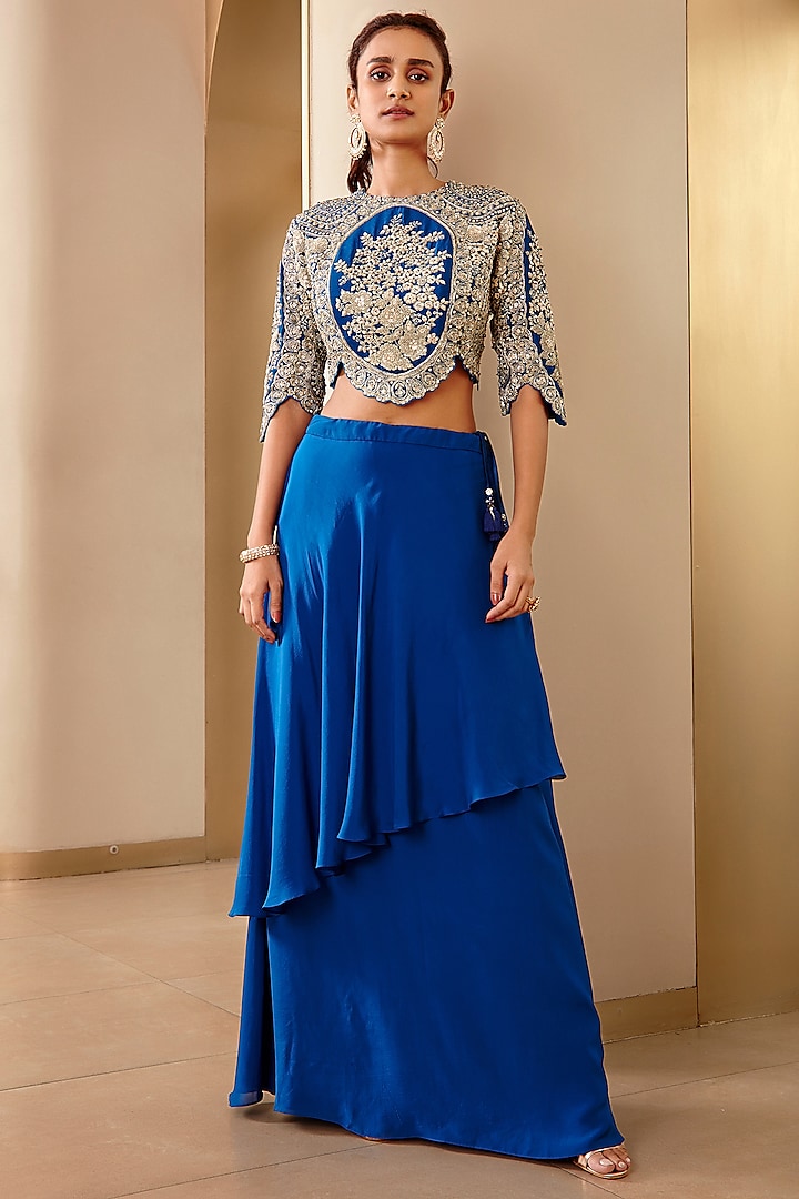 Jade Blue Mulberry Silk Layered Skirt Set by OSAA By Adarsh