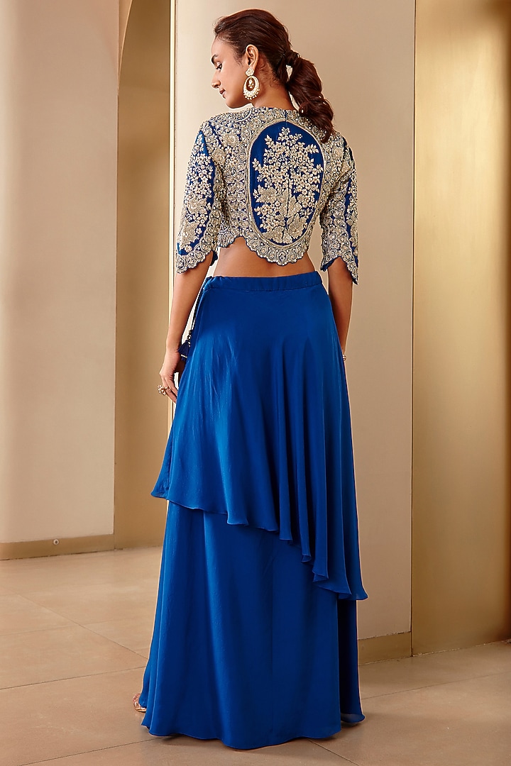 Jade Blue Mulberry Silk Layered Skirt Set by OSAA By Adarsh at Pernia's Pop Up Shop