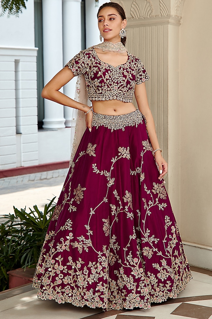 Aubergine Hand Embroidered Lehenga Set by OSAA By Adarsh