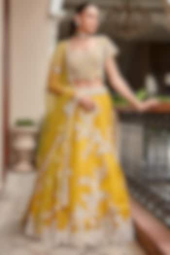 Honey Gold Organza Embroidered Lehenga Set by OSAA By Adarsh