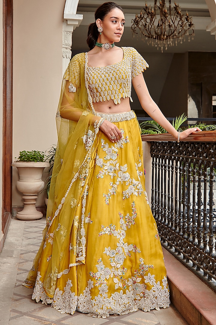 Honey Gold Organza Embroidered Lehenga Set by OSAA By Adarsh