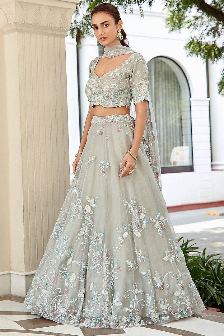 Grey Organza Embroidered Lehenga Set by OSAA By Adarsh