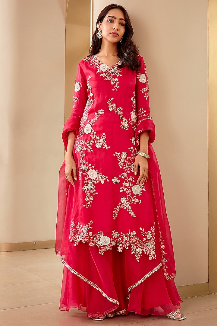 Chilli Red Embroidered Kurta Set by OSAA By Adarsh