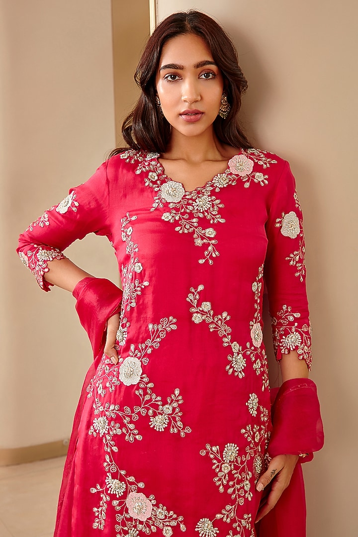 Chilli Red Embroidered Kurta Set by OSAA By Adarsh at Pernia's Pop Up Shop