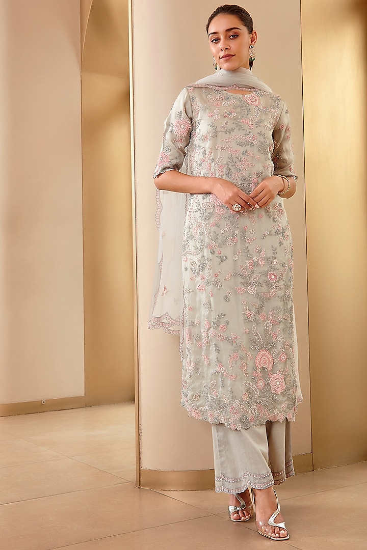 Grey Embroidered Kurta Set by OSAA By Adarsh