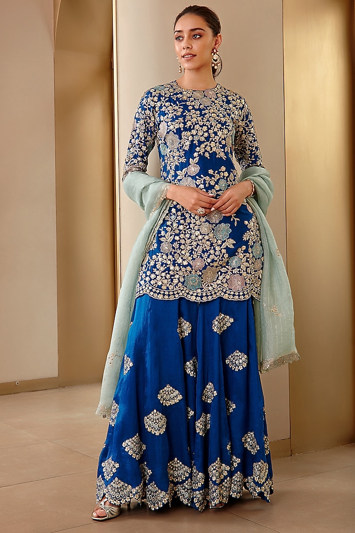 Jade Blue Embroidered Sharara Set by OSAA By Adarsh