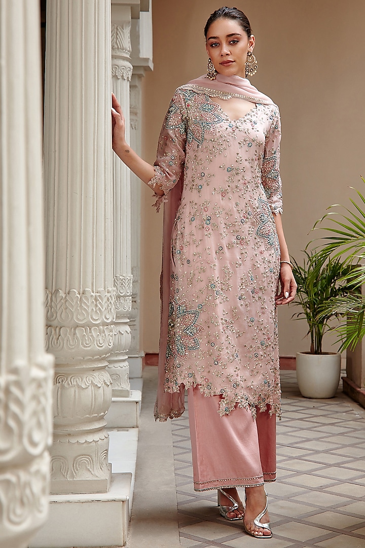 Soft Berry Embroidered Kurta Set by OSAA By Adarsh