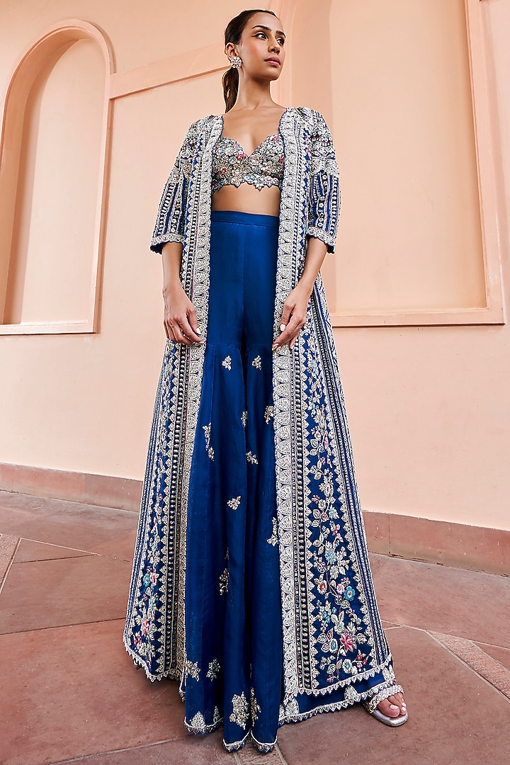 Jade Blue Organza Embroidered Jacket Set by Osaa By Adarsh
