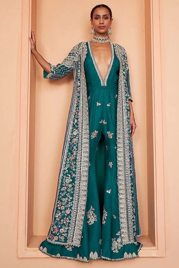 Pine Green Organza Embroidered Jumpsuit With Jacket by Osaa By Adarsh