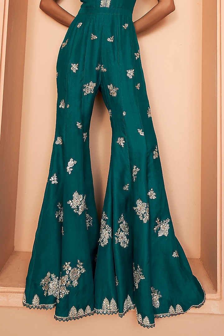 Pine Green Organza Embroidered Jumpsuit With Jacket by Osaa By Adarsh at Pernia's Pop Up Shop